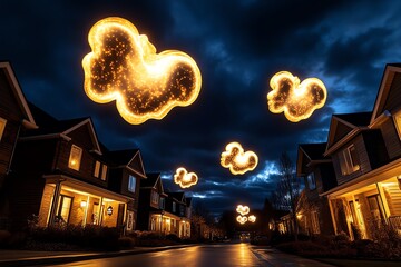 A spooky Halloween street filled with ghosts, with their glowing figures floating above the houses, casting an eerie light on the night
