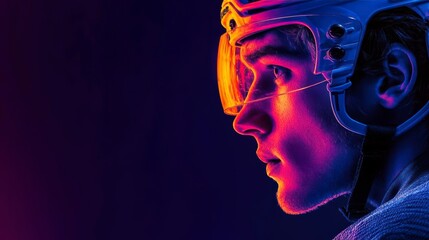 Obraz premium Close-up of a hockey players face illuminated in vibrant light