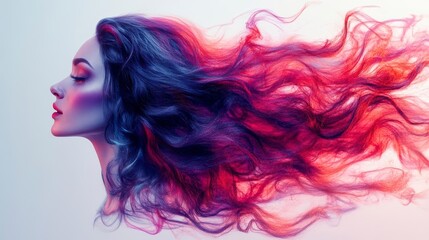 A woman with flowing vibrant hair in profile