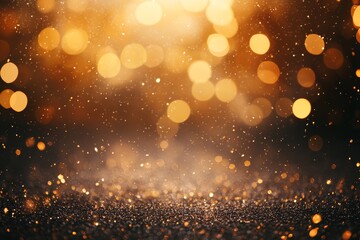 Obraz premium Golden bokeh lights create a magical atmosphere with shimmering particles floating in the air against a dark background