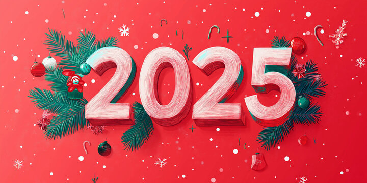 White text illustration “2025”, on a red background with coniferous branches, minimalistic style. Advertising banner.