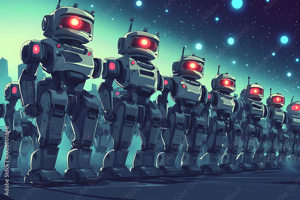 Poster a row of futuristic robots with glowing eyes against a starry background.