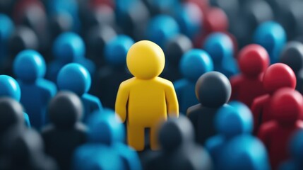a yellow figure standing out in the crowd, surrounded by blue, black and red figures representing other people, symbolizes being different or standing out among others