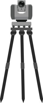 Modern theodolite standing on tripod is used for measuring elevation differences on construction site
