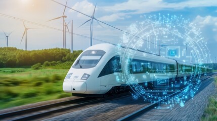 Fototapeta premium A high speed train moving through the countryside, with wind turbines in the background, surrounded by digital data streams and green energy icons