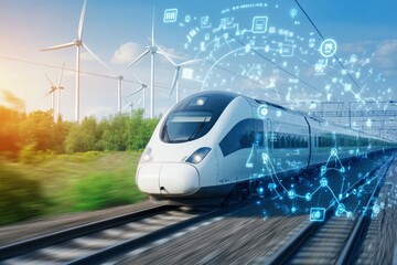 Fototapeta premium A high speed train moving through the countryside, with wind turbines in the background, surrounded by digital data streams and green energy icons