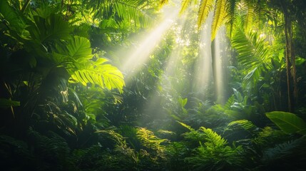 Vibrant Tropical Rainforest with Lush Greenery, Exotic Plants, and Sunlight Filtering Through the Canopy