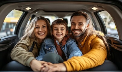 Happy family sitting in a car trunk and waiting for charging, Generative AI