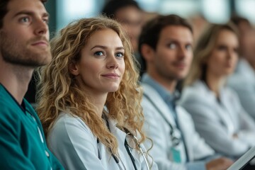 Group of doctors on conference, medical team sitting and listening speaker. Medical experts attending an education event, seminar in board room, Generative AI