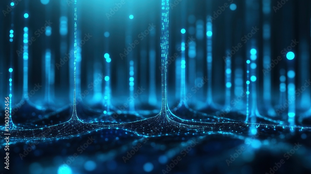 Wall mural digital technology background with glowing elements of code and data in bright blue and purple color