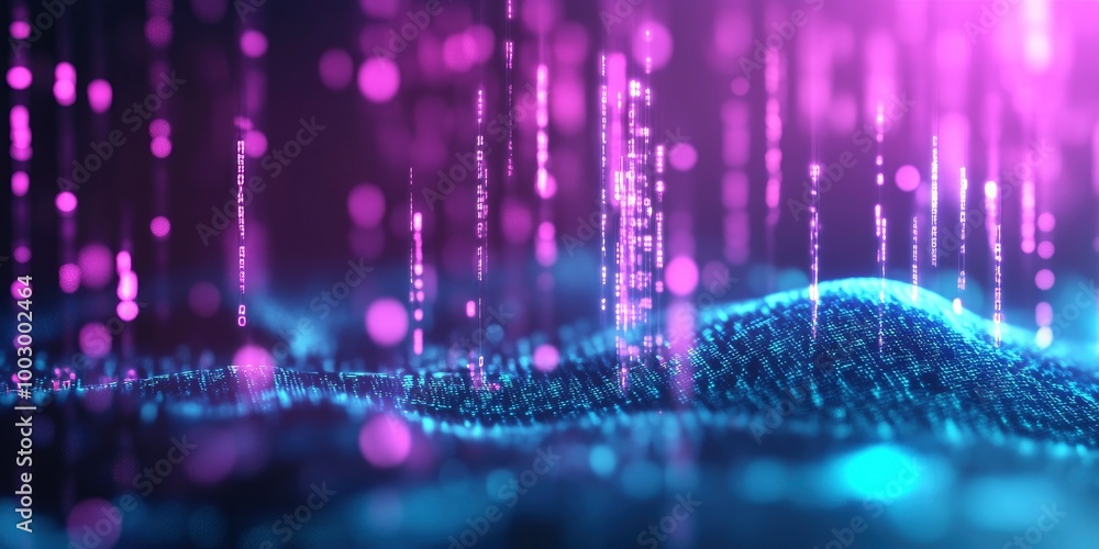 Wall mural digital technology background with glowing elements of code and data in bright blue and purple color