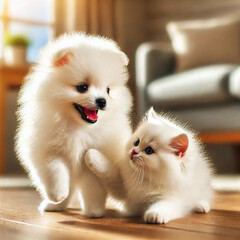 Adorable Pomeranian Puppies and Kittens Playing Together &ndash; Sweet Moments with Ice Cream and Friendship