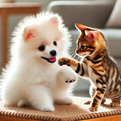 Adorable Pomeranian Puppies and Kittens Playing Together &ndash; Sweet Moments with Ice Cream and Friendship