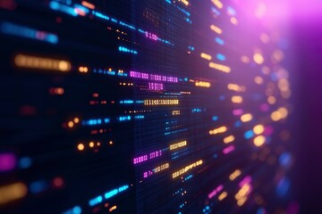 Fototapeta premium Digital technology background with glowing elements of code and data in bright blue and purple color