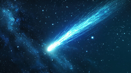 Bright comet flying through deep space, glowing tail, starry night sky, cosmic scene, galaxy background, astronomy, space exploration