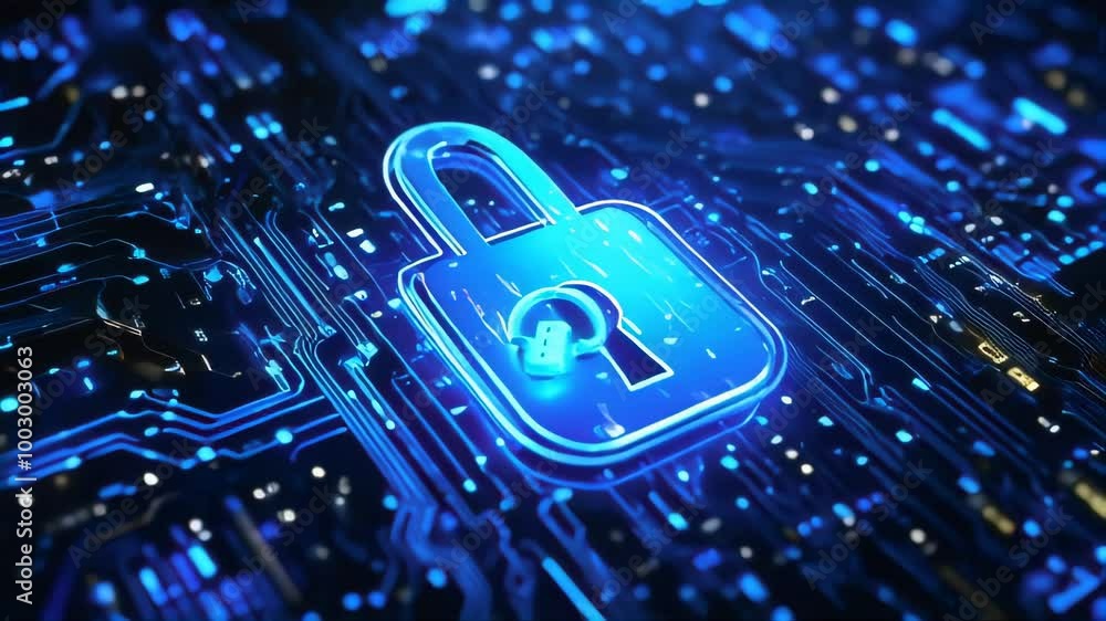 Poster a glowing blue lock on a circuit board, representing cybersecurity. ideal for technology, data prote
