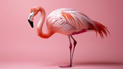 Fototapeta premium A graceful flamingo stands on one leg its feathers ruffled