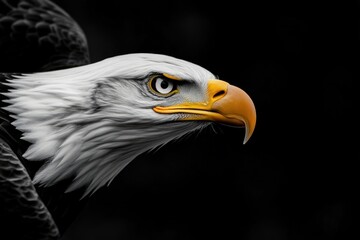 Obraz premium A detailed side view portrays the bald eagle's striking features: its sharp beak and intense yellow eye stand out against the stark black background.