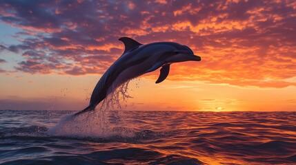 Fototapeta premium Dolphin Leaping Against a Colorful Sunset Sky