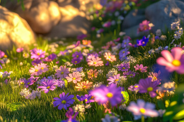 Obraz premium Tranquil meadow carpeted with wildflowers of all shapes and sizes
