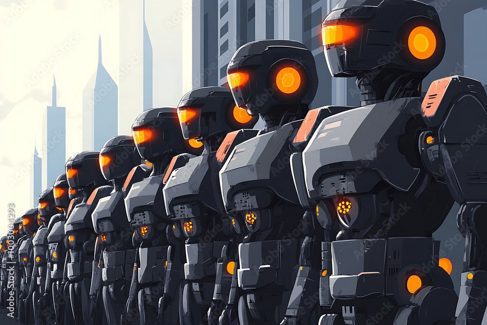 Poster a line of futuristic robots with glowing features in a cityscape.