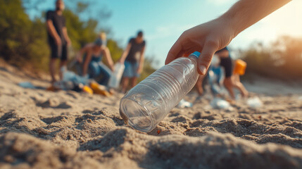 Eco Volunteer Collect Garbage from Beach, Close-up portrait of Hand Picking up a Plastic Water Bottle at sunny day in sandy shore, People Help Clean in Background