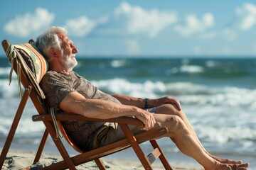 A man is sitting in a beach chair, smiling and enjoying the ocean view