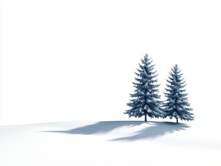 Obraz premium Two evergreen trees stand in a snowy field, casting long shadows under the clear winter sky, highlighting the serene surroundings