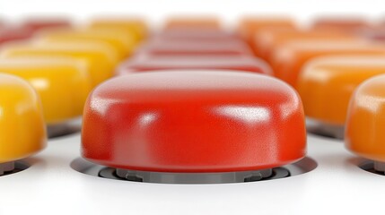A single red button stands out among a row of yellow and orange buttons