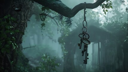In a misty wilderness a set of keys dangle from a tree limb
