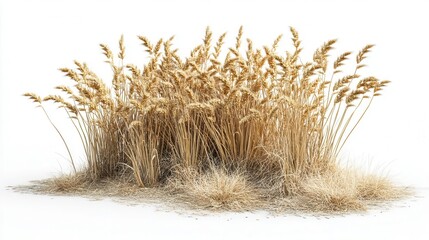 A cluster of golden wheat stalks with dry grass at the base