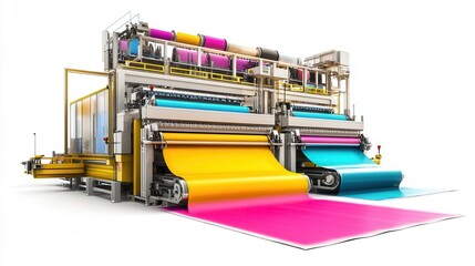 Naklejka premium Industrial printing machine with colorful rolls of material