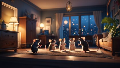 A lively scene of mice dancing in the living room during a moonlit night, creating a sense of whimsy and enchantment in their little world, Generative AI