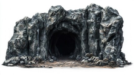 A dark cave entrance in a rocky cliff