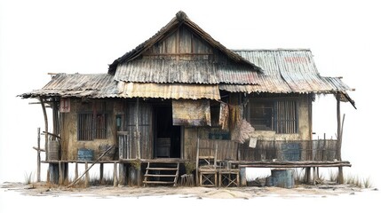 Naklejka premium A weathered wooden hut with a corrugated metal roof and a porch