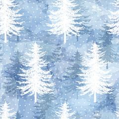 Fototapeta premium Christmas tree seamless pattern. Noel watercolor print, New Year winter decoration, silver and blue Christmas background with firs and white snow, wallpaper, wrapping paper design