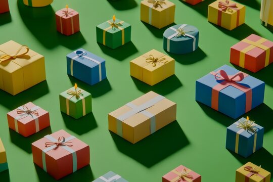An array of brightly wrapped gift boxes in various sizes and colors arranged on a lively green backdrop, ideal for celebrations