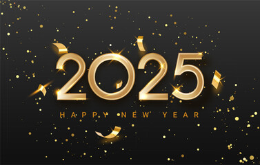 Happy new year 2025 celebration background banner. Realistic golden glitter and confetti on black background. Banner for Christmas holiday.