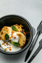 Delicious cheesecakes on a plate. Close up