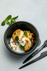 Delicious cheesecakes on a plate. Close up