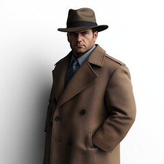 A man in a fedora and trench coat stares intensely at the camera