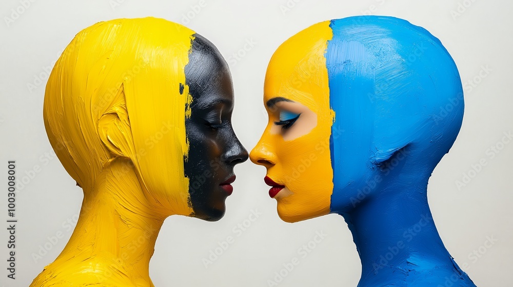 Canvas Prints Two women painted in yellow, blue, and black facing each other.