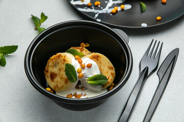 Delicious cheesecakes on a plate. Close up