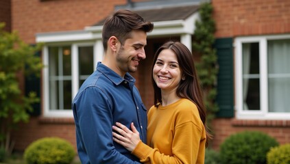 Fototapeta premium Young couple embracing happily in front of their newly purchased home depicted in neural-network art style