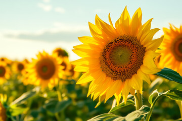 Obraz premium Close-up of a sunflower field, with the golden blooms stretching towards the sky