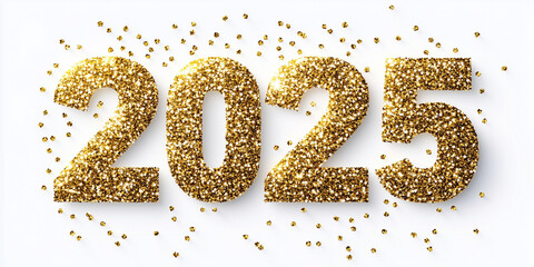 number "2025" made of golden shiny particles on a white background