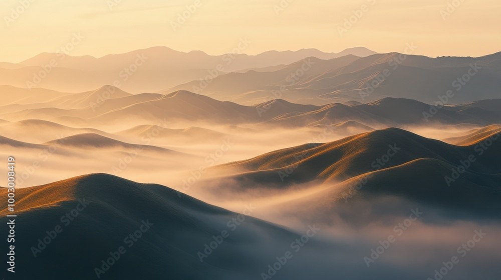 Poster soft mist blankets the rolling hills as the golden light of dawn illuminates the landscape, creating