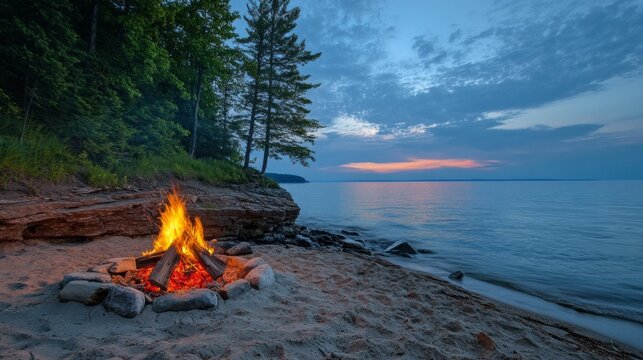 A fire is burning in a fire pit on a beach