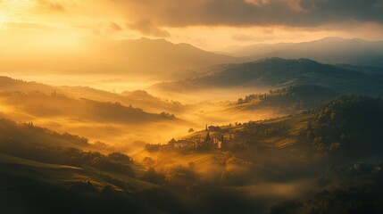 Obraz premium Gentle sunlight breaks over the horizon, casting a warm glow on a peaceful village nestled among soft, rolling hills. Mist drapes the landscape in a dreamlike embrace