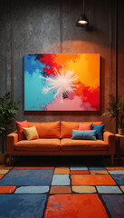 Vibrant abstract artwork on wall above colorful couch in stylish living room interior
